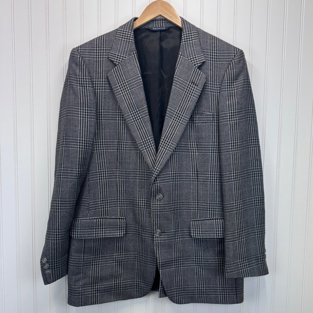 Burberrys Blazer Men 44L Grey Glen Plaid Sport Coat Vintage Dark Academia Luxury